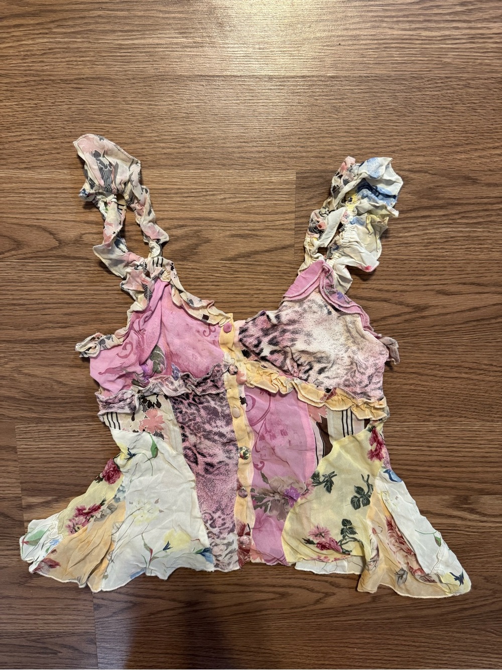 Y2K Floral Patchwork Ruffle  Top - Pink & Yellow READ DESCRIPTION